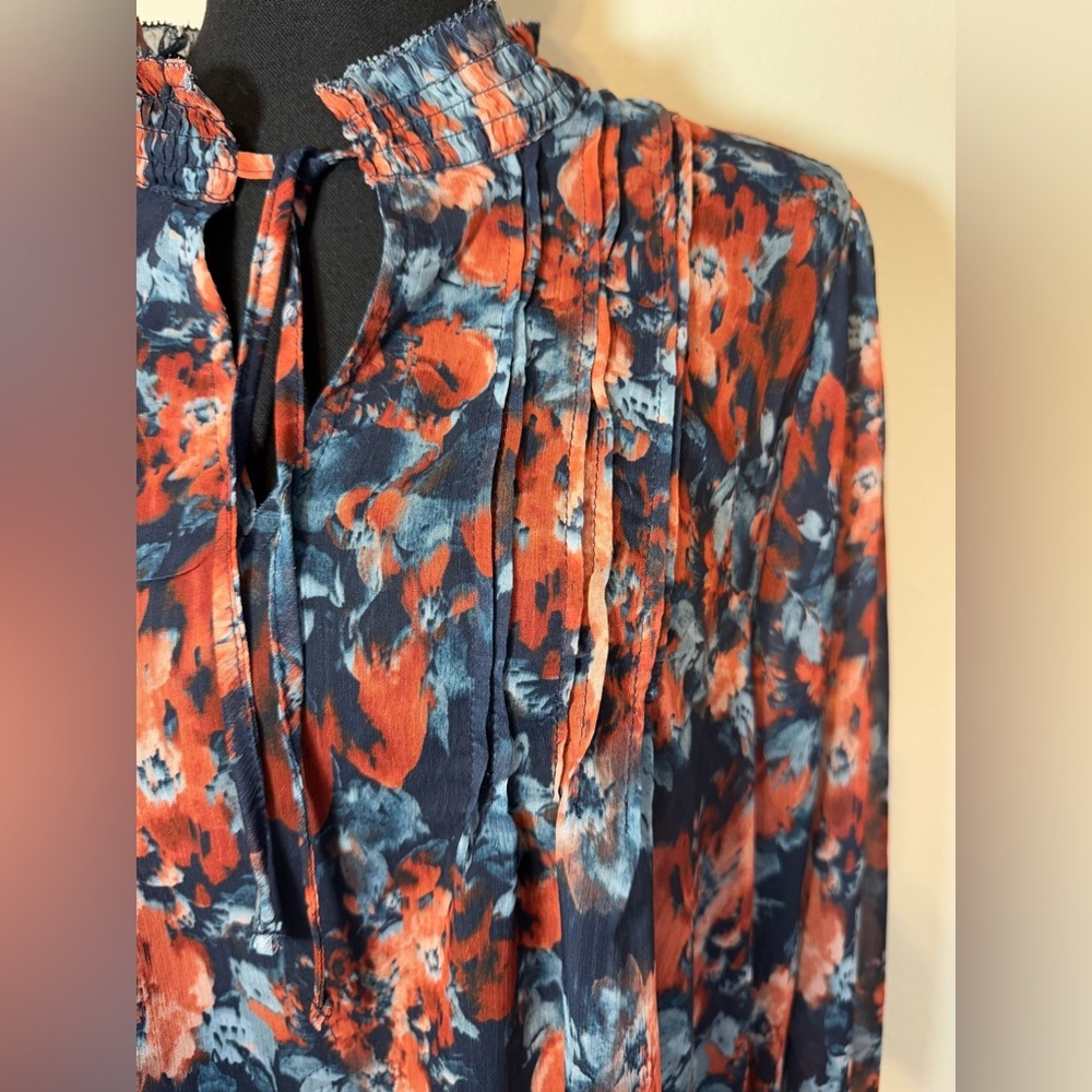 Sam Edelman~ Women’s Sheer Front Tie V-Neck long Sleeve Floral Blouse Size Large - Picture 4 of 11